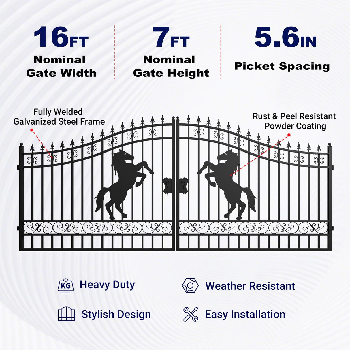 16x7 ft Steel Dual Swing Driveway Gate with Horse Pattern