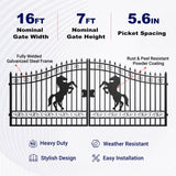 16x7 ft Steel Dual Swing Driveway Gate with Horse Pattern